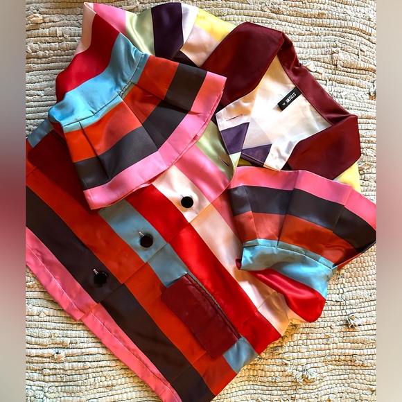 Striped Multicolor Women's satin Jacket Stylewe w real pockets size XL boxy fit - Picture 3 of 8